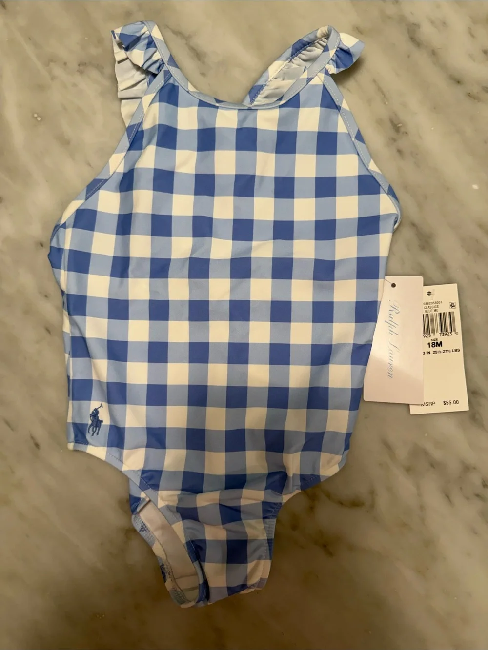 NWT Ralph Lauren Blue Gingham One-Piece Girls Swimsuit 18m